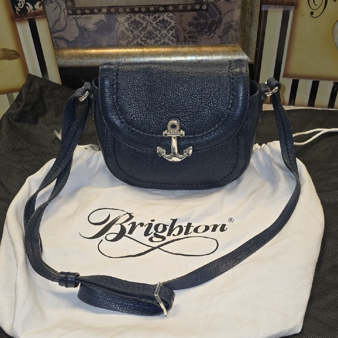 Euc Brighton Nautical Navy Blue Crossbody Leather Bag With Anchor Accent Inside
